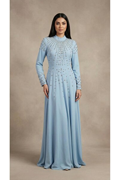MİSS DİAMOND The Icon of Elegance: Crystal-Studded Full-Length Ice Blue Eveni...