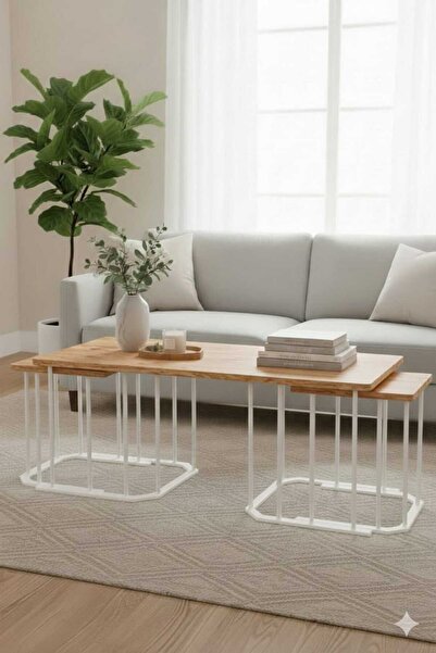 Nokta Sehpa Home 2+1 DİKDÖRTGEN 3LÜ ORTA SEHPA BEYAZ METAL ÇAM TABLA