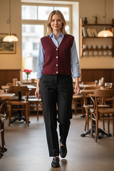 FEG STORE Metal Düğme detaylı V Yaka Örgü Triko Yelek