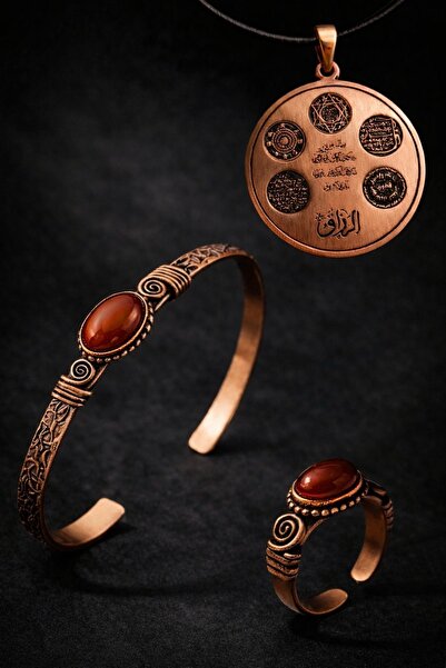 İyyaKee Kadın Bakır Bileklik Yüzük Kolye Set Kırmızı Akik Taşlı Bakır Takım Seti