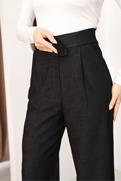 Moda Banuş Women's Velcro Fastening Corduroy Palazzo Trousers Black