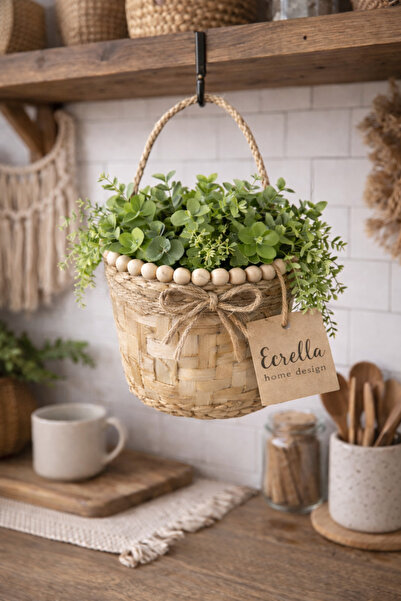 ecrella Çok amaçlı el yapımı hasır sepet ahşap boncuk jüt kurdeleli hasır sep...