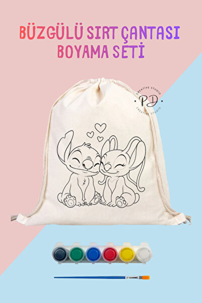 PRİNTOPİA DESİGN Sevilen Stich Karakter Büzgülü Çanta Boyama Seti - Keten Çan...