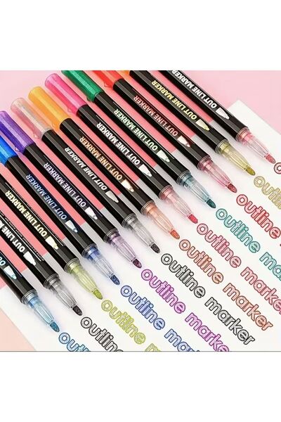 Luminoo Outline Metalik Marker Simli Aydınlatıcı Sihirli Kontur Kalem,Karışık Tekniğe Uygun 8 Renkli