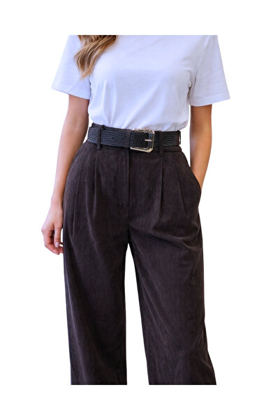 MORE MOSS Women's Belted Double Pleated Velvet Shalwar Trousers