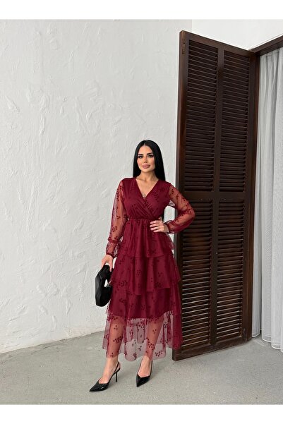 KAMACI BUTİK Double-Breasted Folded Tulle Dress with Collar Front