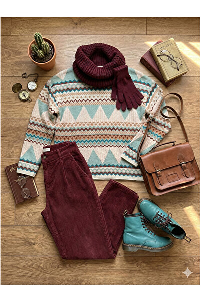 Namaste Vintage Mint Green Ethnic Patterned Knitwear Sweater with Cycling Collar