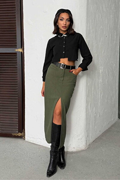 Caddebostan Moda Khaki Corded Fabric Velvet Skirt Modern Premium Luxury Trend...