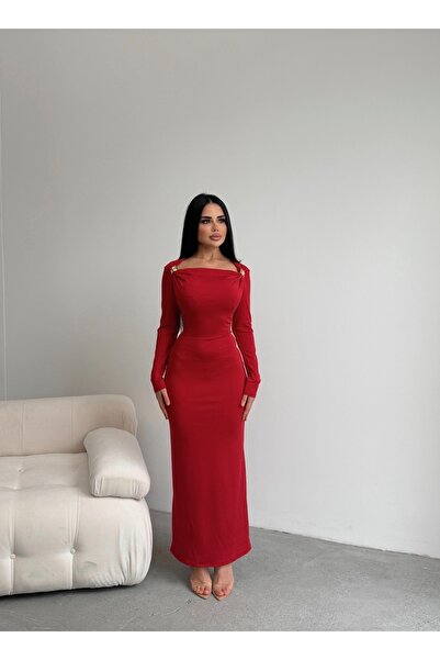 KAMACI BUTİK Square Collar Dress with Shoulder Details