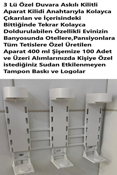 Hyd Kilitli Mekanizmalı Modern 3'lü Banyo Seti 3x400 ml Dispenser Plastik Şişeler Otel Buklet Malzemesi