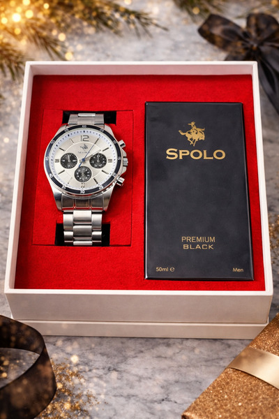 S.POLO HEDİYELİK KUTULU ERKEK KOL SAATİ 50ML BLACK PREMIUM ERKEK PARFÜM SEVGİ...