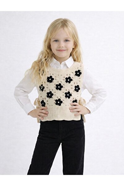 Store Çiçekli Örme Süveter Yan Bağcıklı