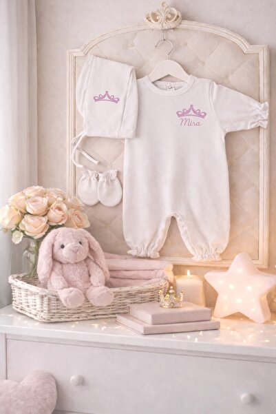 Giftify-Tr Kişiye Özel İsimli Nakışlı Yenidoğan Tulum Seti – Taç Detaylı – Kı...