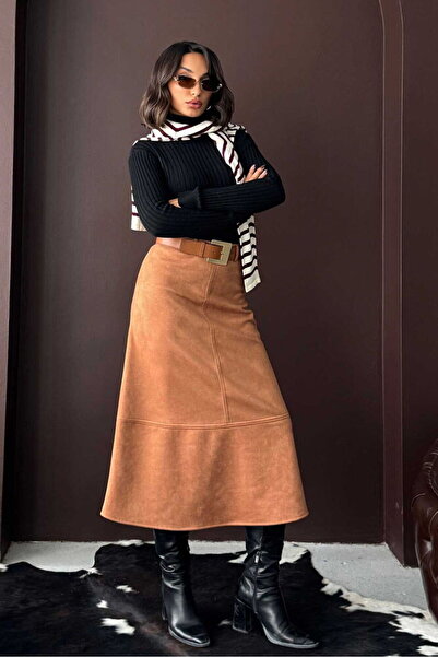 Caddebostan Moda Taba Scuba Suede Skirt Modern Premium Luxury Trend Design Skirt