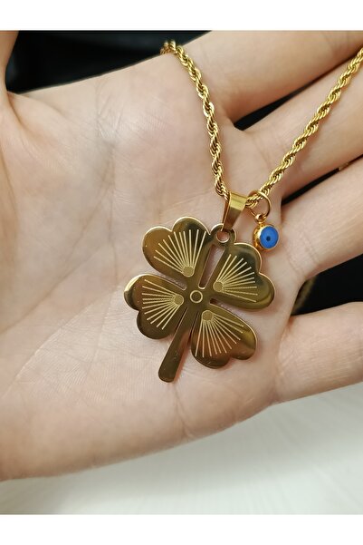 AYKE AKSESUAR Çelik 4 Yapraklı İsim Yazılır Burgu Zincirli Yonca Kolye