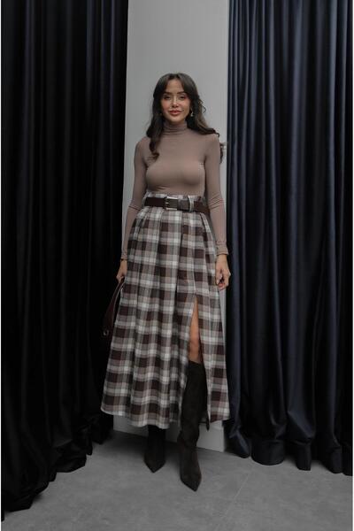 Havoş تنورة بنية منقوشة بحزام شق