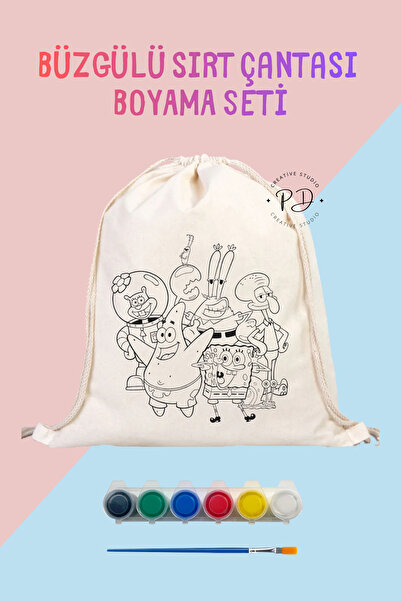 PRİNTOPİA DESİGN Sünger Bob Baskılı Boyama Seti - Keten Bez Çanta, 6 Ana Renk...