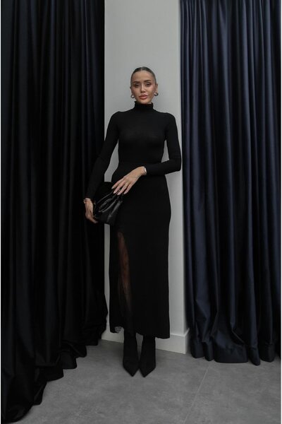 Havoş Μαύρη δαντελένια πλεκτή φούστα με λεπτομέρεια σκίσιμο