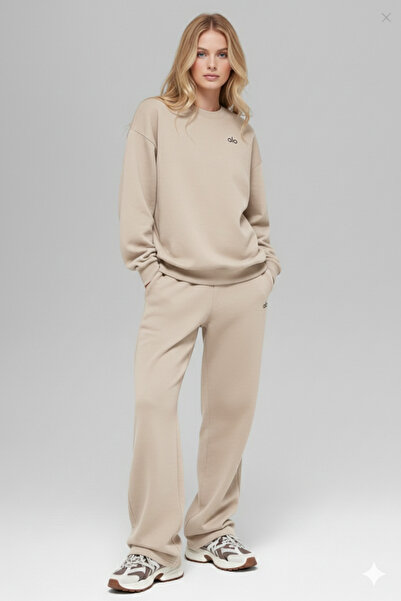 NİCE Women's Beige Baggy Wide Leg Tracksuit Set Top and Bottom Set