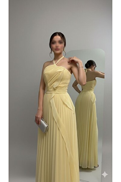 hind fashion Lemon pleated chiffon evening dress | Soft design