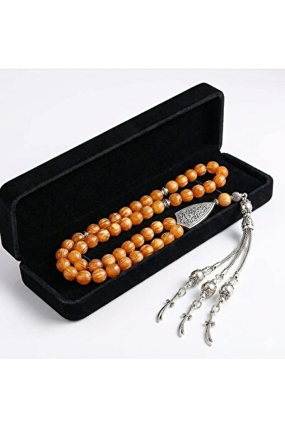 Generic 45-bead, 8mm amber wooden rosary - Islamic rosary with metal tassel a...