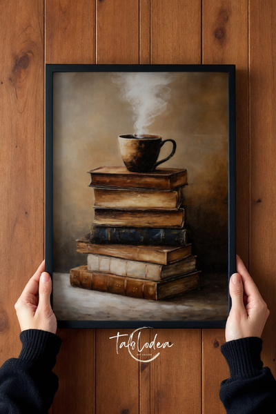 tablodea Pictură tematică cu cărți și cafea în stil vintage, bibliotecă TD, z...