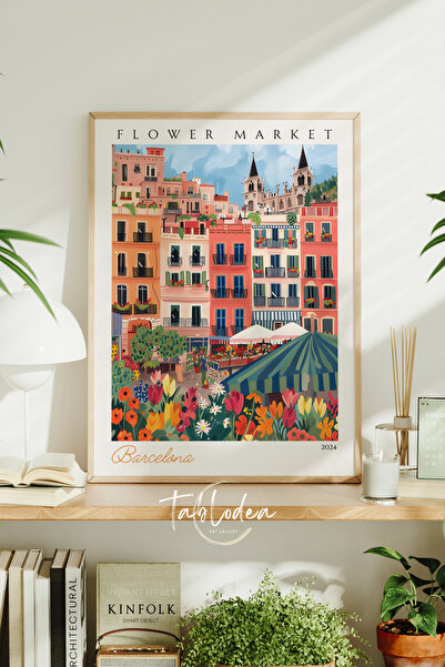 tablodea Pictură retro cu flori din Piața de flori din Barcelona, ​​colorată,...