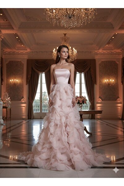 Rahibhdresses Pink "Barbie" evening dress - double flared cut adorned with ra...