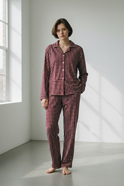 FEG STORE Kadın Bordo Pötikare Desenli Süet Dokulu Yumuşak Pijama Takımı