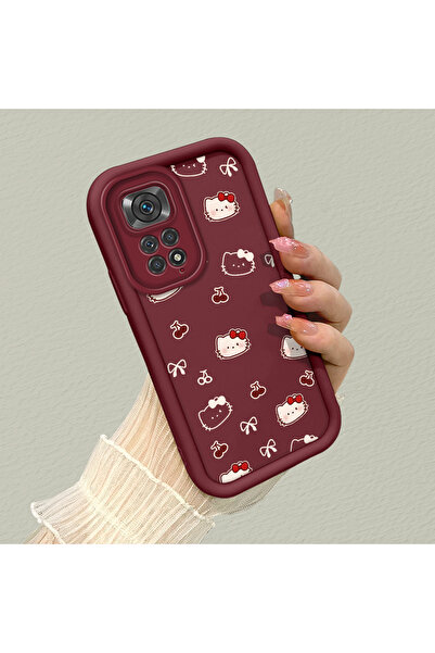 CHICASELUX Redmi Note 11/Note 11S Uyumlu bordo renk sevimli kedi kiraz ve fiy...