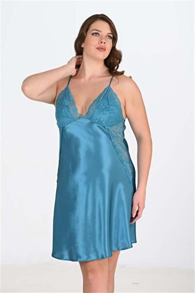 Aria's Closet Arias Closet Plus Size Lace Embroidered Petrol Blue Satin Night...