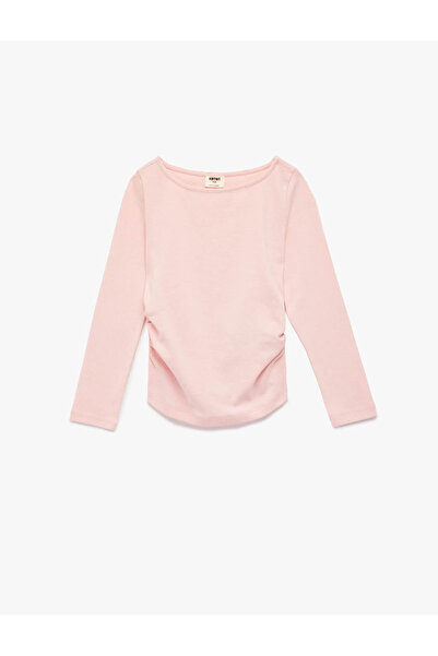 Koton Pamuklu Kayık Yaka Büzgülü Pembe Kız Çocuk Uzun Kollu T-shirt 6SKG10217AK