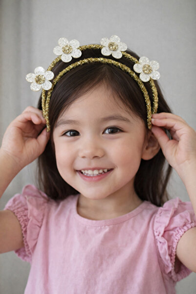 damlakidsmoda Kız Çocuk Altın Simli Çiçekli Taç – Beyaz Papatya Doğum Günü Pa...
