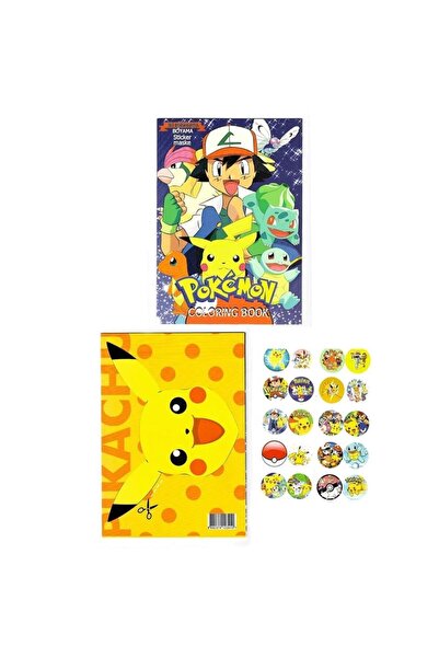 IKON OFİS Boyama Kitabı 3'ü 1 Arada Set Sticer-Pokemon Maske- Boyama Sayfası