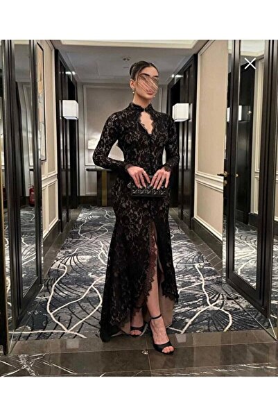 Zarkasha Luxurious black lace evening dress | High neckline, open back