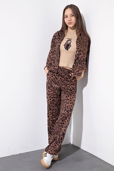 Cansın Mini Tan Leopard Patterned Jacket and Trousers Girls' 3-Piece Set 23550