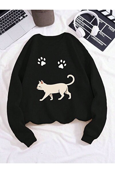 Kids Hanorac de iarnă pentru fete, cu imprimeu pisică și lăbuță, negru