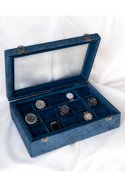 Shansora Design 15-Piece Watch Box, Blue Color, Nubuck Fabric Covered, Custom...