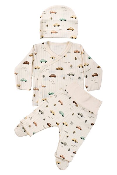 bebegen Baby Boy Ecru Car Patterned Triple Set 0-3 Months