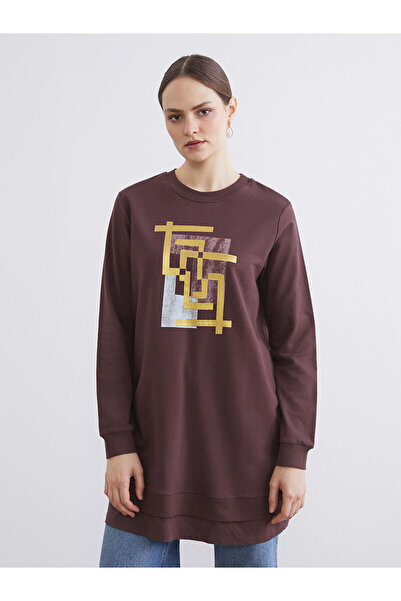 LC Waikiki Brown Crew Neck Printed Women's Sweatshirt Tunic