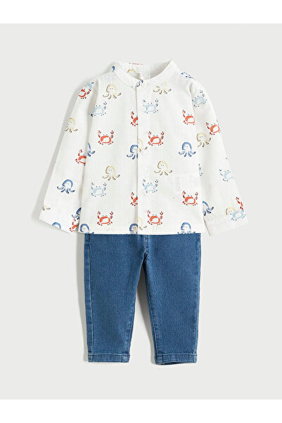 LC Waikiki Ecru Long Sleeve Shirt and Pants Baby Boy Set