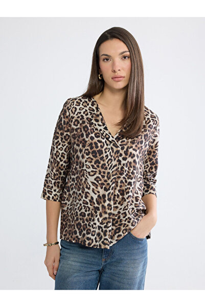 LC Waikiki Beige Leopard Print Blouse with Ruffled Collar