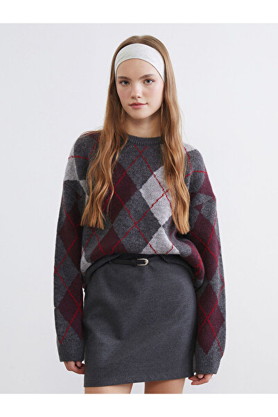 LC Waikiki Anthracite diamond patterned Oversized women's knit sweater