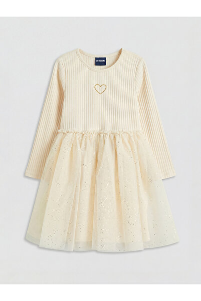 LC Waikiki Beige Crew Neck Bowknot Girls' Dress