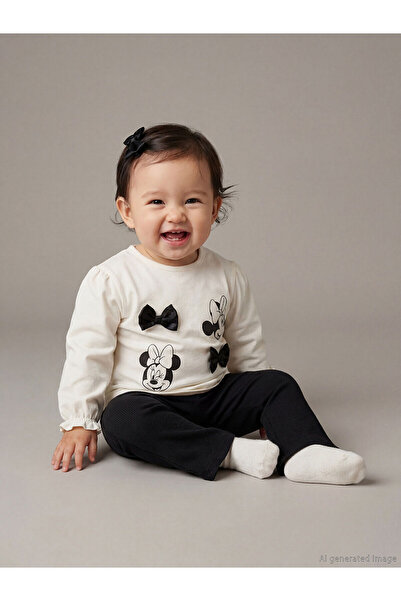 LC Waikiki Ecru minnie mouse Printed baby girl blouse and leggings