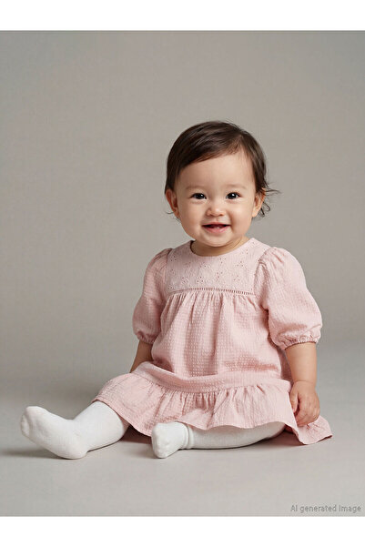 LC Waikiki Pink Embroidered Crew Neck Balloon Sleeve Baby Girl Dress