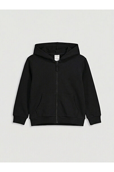 LC Waikiki مجموعة إلسيفا سويت شيرت أسود بقلنسوة للأولاد مع سحاب أمامي