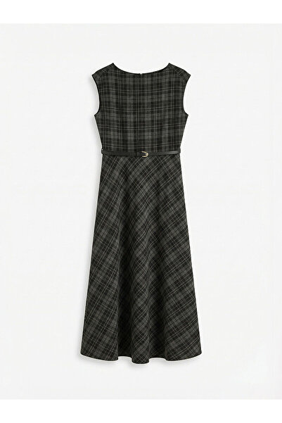 LC Waikiki Black Belted Crew Neck Plaid Sleeveless Dress