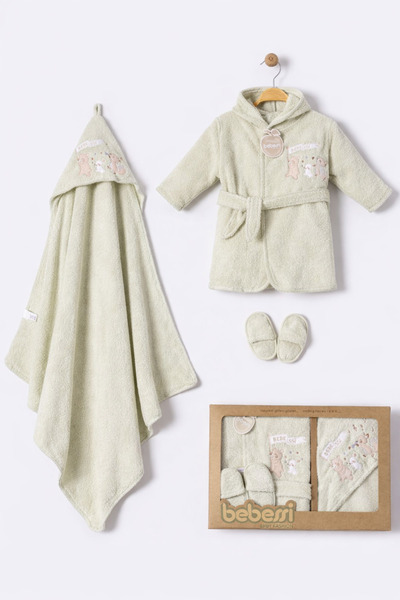 Bebessi بغطاء رأس طقم روب حمام مطرز للأطفال مكون من 3 قطع (روب حمام + منشفة +...