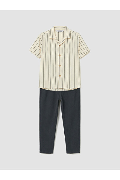 LC Waikiki Meral Collection Beige Short Sleeve Striped Boys' Shirt and Pants